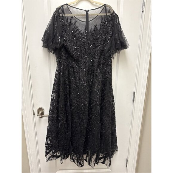 MAC DUGGAL Size 22 Black 20477 Flutter Sleeve Embellished Cocktail Midi Dress - Picture 7 of 10